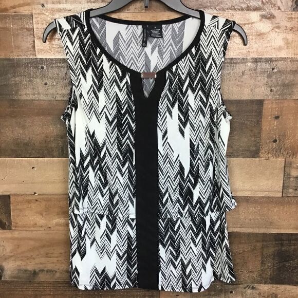 New Directions Layered Tank Style Blouse Sleeveless White Black Print Small - Picture 4 of 11